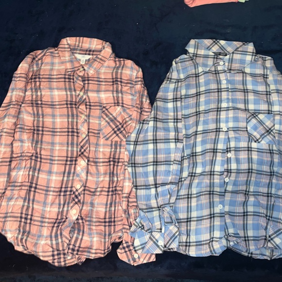 Tops - Plaid Button-Up Shirts 2 pc - Pink (Medium) and Blue (Small)